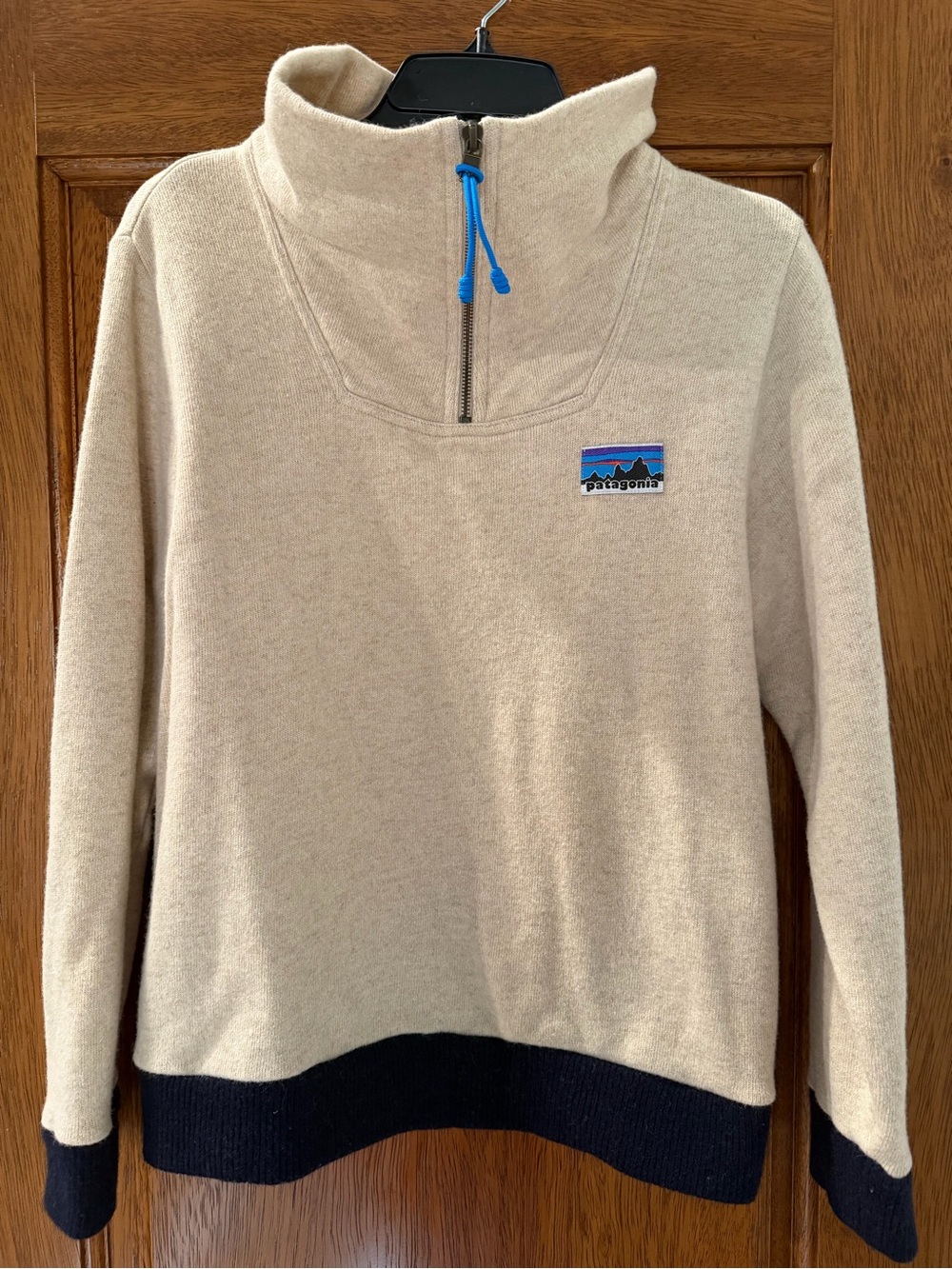 Patagonia Oatmeal Quarter-Zip Pullover with Navy Trim and Blue Zip Pull
